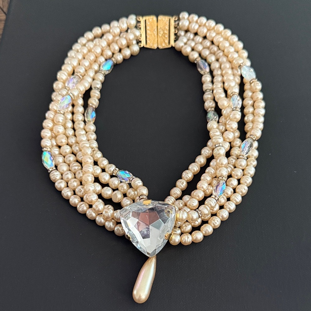 Vintage Tulla Booth 6 Strand Simulated Pearl Crystal Triangle Dangle Necklace